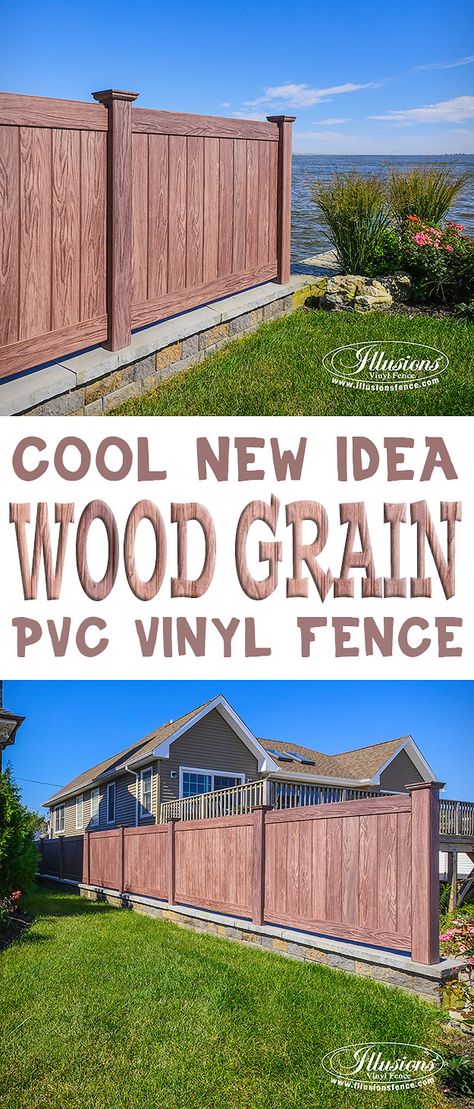 Walnut PVC Vinyl Fence Panels by Illusions Vinyl Fence are a Great Good-Neighbor Fence Idea for Your Home. #fenceideas #fence #vinylfencing #homedecor Wood Grain Vinyl Fence, Retaining Wall Fence, Good Neighbor Fence, Fences Ideas, Pinterest House, Pool Fences, Fencing Panels, Vinyl Fence Panels, Privacy Fencing