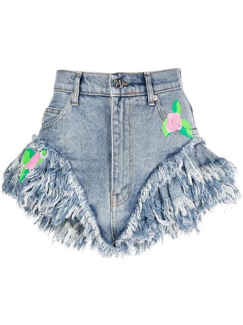 Natasha Zinko Rose-print Frilled Denim Shorts Jeans Png, A Line Denim Skirt, Png Clothes, Manga Clothes, Natasha Zinko, Preformance Outfits, Fur Jackets, Designer Denim, Whimsical Fashion