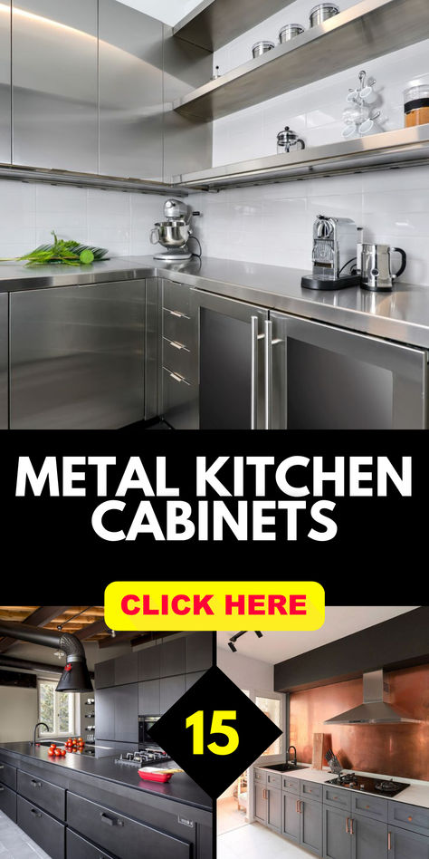 Explore the modern charm of metal kitchen cabinets. Discover makeover ideas that seamlessly blend industrial aesthetics with functionality. Elevate your space with the sleek appeal of metal cabinets. Silver Kitchen Cabinets, Metal Kitchen Cabinets Makeover, Painting Metal Cabinets, Bar Lounge Room, Industrial Ideas, Aluminum Kitchen Cabinets, Metal Kitchen Cabinets, Metal Cabinets, Aluminium Kitchen