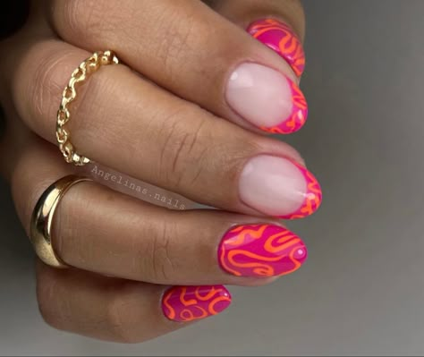 Simple Pink And Orange Nails, Hot Pink Orange Nails, Orange Trendy Nails, Orange And Pink Nail Designs, Colorful Short Nails, Nails For Hoco, Hot Pink And Orange Nails, Summer Design Nails, Bright Fun Nails