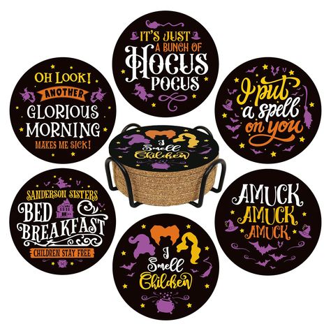 PRICES MAY VARY. DESIGN FOR FANS - This set of Cork Coasters is designed for those who love the funny movie Hocus Pocus. They absolutely will bring much more laugh and topics to your home, and make your family and friends immersed in the festival atmosphere. PERFECT GIFT IDEA - One set includes 6 coasters, Package comes with a black metal holder for easy organization, and the cute sayings & patterns would make it Perfect as a fun but functional gift for your friends, family, colleague and neighb Hocus Pocus Drink, Hocus Pocus Decorations, I Smell Children, Festival Atmosphere, Home Table Decor, Coffee Supplies, Coffee Coasters, Sanderson Sisters, Halloween Coffee