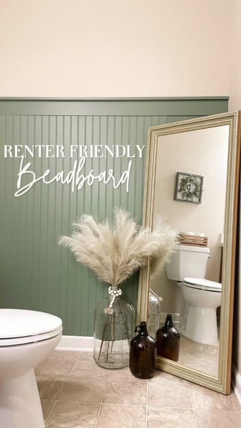 Renter Friendly Beadboard 😍 This accent wall really zhuzhed up this half bath! 😬 and the best part is it can be completely removed without damaging the wall! I was inspired by @actuallyallidiy ! She has done a few accent walls that are renter friendly so be sure to check out her Instagram and her YouTube channel for all the details! Feel free to ask any questions you may have! 🤗 #renterfriendly #diyhomedecor #diyhomeprojects #diyhomeimprovement #diy #homeimprovement #homeimprovements #homediy Diy Beadboard Walls, Beadboard Half Wall, Beadboard Accent Wall, Rental House Decorating, Bathroom Wall Coverings, Diy Beadboard, Beadboard Bathroom, Eclectic Wallpaper, False Wall