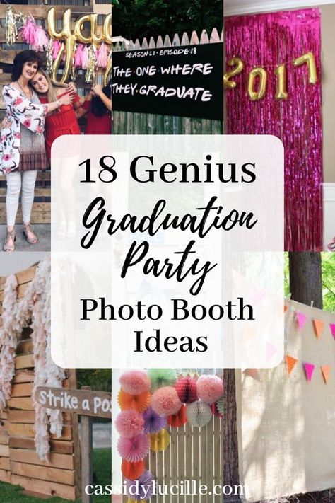 Graduation Party photo booth ideas that you need to see. These grad party photo booth ideas are perfect for outdoor or indoor graduation parties. Match your photo booth to your graduation parties theme. Grad Party Photo Booth, Party Photo Booth Ideas, High School Graduation Party Food, High School Graduation Party Themes, Vintage Graduation Party, Rustic Graduation Party, Pink Graduation Party, Graduation Party Photo Booth, Photo Booth Ideas