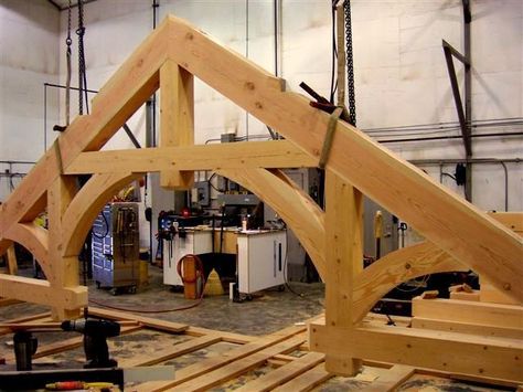 Hammer Beam Timber Truss - Specialty Beams Timber Frame Porch, Timber Frame Joinery, Wood Truss, Timber Truss, Timber Frame Building, Sawn Timber, Timber Frame Construction, Backyard Pavilion, Office Photo