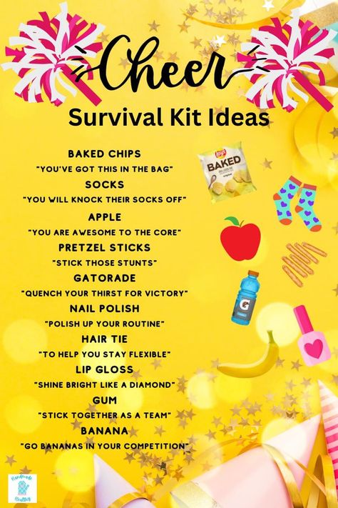 cheer snack bag ideas Cheer Survival Kit Ideas, Snack Bag Ideas, Cheerleading Snacks, Cheer Survival Kit, Cute Cheer Gifts, Cheer Gift Bags, Cheerleading Team Gifts, Survival Kit Ideas, Cheer Snacks