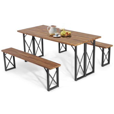 PRICES MAY VARY. 【Space-saving Design】 Different from the common products, this patio dining table and bench set is designed for space-saving. All you need to do is tuck 2 benches under the table. This advantage also creates more space for your kids to run after dinner for space utilization. 【Solid Acacia Wood】 The surface of this patio dining set is made of selected acacia wood, which features a burr-free surface for smooth touch and a durable design for a longer service time. Moreover, the rus 3 Piece Patio Set, Picnic Table Bench, Patio Picnic, Table And Bench Set, Table Bench, Bench Set, Outdoor Picnic Tables, Wood Patio, Patio Dining Table