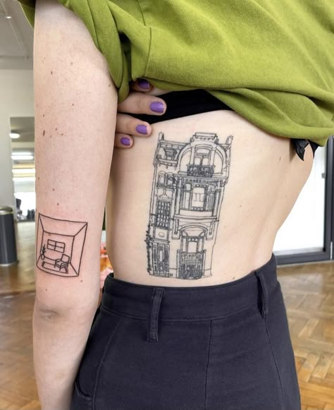 Townhouse Tattoo, Steeple Tattoo, Building Tattoo Design, Apartment Tattoo, Rectangular Tattoo, Dollhouse Tattoo, Bookshelf Tattoo, Architect Tattoo, Building Tattoos