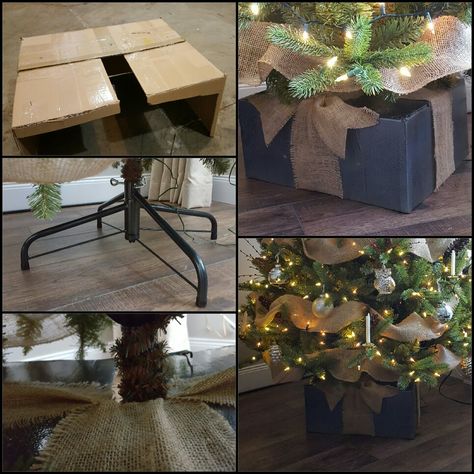 DIY tree stand cover from a cardboard box. This was so easy to do. Cover Christmas Tree Stand, Xmas Tree Collar Diy, Christmas Tree Cover Base, Diy Christmas Tree Stand Cover, Christmas Tree Bottom Cover, Diy Christmas Tree Stand, Christmas Tree Stand Diy, Tree Stand Cover, Christmas Tree Base Cover