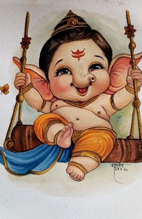 Lord Krishna Beautiful Images, Ganpati Ji Painting, Ganesh Drawing Painting, Cute Bappa Drawing, Little Ganesha Cute Drawing, Bhagwan Ji Drawing, Ganesh Ji Cute Drawing, Cute Ganesha Drawing For Kids, Little Ganesha Drawing