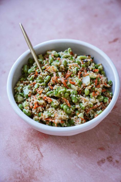 High-Protein Edamame Salad (with Quinoa) Edamame Salad Recipes, Salad Recipes High Protein, Edamame Recipes Salad, Plant Based Proteins, Salad With Quinoa, Quinoa Salads, Edamame Recipes, Edamame Salad, Recipes High Protein