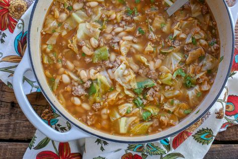 Mexican White Bean and Cabbage Soup | Barefeet in the Kitchen White Bean And Cabbage, Bean And Cabbage Soup, Mexican Cabbage, Pregnancy Freezer Meals, Cabbage Soup Diet Recipe, Cabbage Soup Recipe, Mexican Soup Recipes, Cabbage And Sausage, Quick And Easy Soup