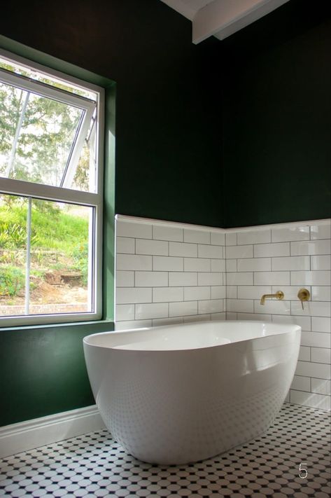 Green Wall White Tile Bathroom, Half Subway Tile Bathroom, White Tiles Green Paint Bathroom, Half Green Wall Bathroom, White Tile Green Wall Bathroom, Green Bathroom White Tiles, Green Black White Bathroom, Dark Green And White Bathroom, Green Bathroom With Wallpaper