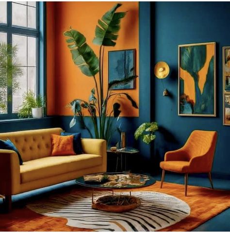 Blue Walls Orange Sofa, Orange Sofas Living Room Ideas, Blue Orange Room, Orange And Teal Living Room, Teal And Mustard Living Room, Orange Furniture Living Room, Orange Blue Decor, Blue Room Design, Colorful Living Room Bright