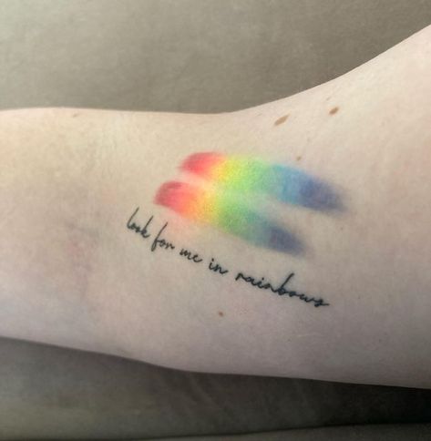 Lady Kylee Rose Cameron 👑 on Instagram: "An actual prism rainbow over my prism tattoo. I’ve actually had this one a few months now, done by @summersancheztattoo" Rainbow Prism Tattoo, Rainbow Memorial Tattoo, Watercolour Rainbow Tattoo, Rose Cameron, Prism Tattoo, Planets Tattoo, Rainbow Tattoo, Prism Rainbow, Pride Tattoo