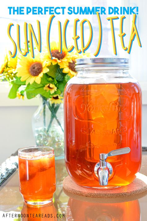 a gallon size mason jar glass dispenser sitting in the sun on an outdoor table with a vase filled with mini sunflowers in the background. In front is a small glass cup filled with iced tea Sun Tea Recipe, Sun Tea Recipes, Flavour Profiles, Making Iced Tea, Tea At Home, Sun Tea, Perfect Summer Drink, Tea Reading, Iced Tea Recipes