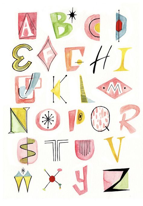 Mid Century Font Alphabet, Mid Century Lettering, Fun Lettering Ideas, Mid Century Font Typography, Mid Century Modern Font, Fun Alphabet Fonts, Funky Fonts Alphabet, Aesthetic Alphabet Letters, Doodle Fonts Alphabet