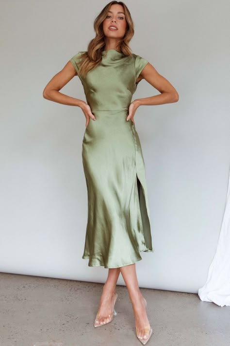 Fit N Flare Midi Dress, Turtle Neck Formal Dress, Midi Cocktail Dress Classy, Mid Dress Formal Elegant, Cute Midi Dresses Classy, Satin Material Dress Ideas, Green Old Money Dress, Graduation Dress Fall, Sage Green Dresses Casual