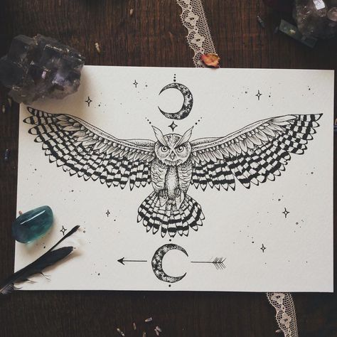 Great Horned Owl ~ commissioned tattoo design! ♥︎ Moonphase Tattoo, Owl Tattoo Chest, Owl Tattoo Drawings, Underboob Tattoo Designs, Animal Tattoo Ideas, Underboob Tattoo, Owl Tattoo Design, Misty Mountains, Tattoo Desings