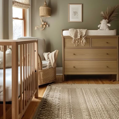 Natural Tone Nursery, Natural Wood Crib Nursery Color Schemes, Nursery Room Gender Neutral, Neutral Nature Nursery, Green And Brown Nursery Boys, Neutral Earthy Nursery, Gender Neutral Nursery Aesthetic, Earthy Boy Nursery, Timeless Nursery Gender Neutral