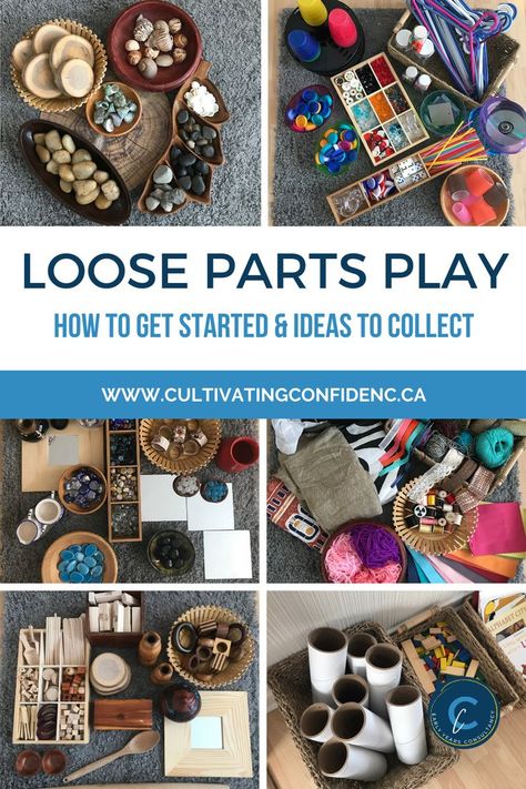 Title says, Loose Parts Play, how to get started and ideas to collect on a blue background. 6 images consisting of loose parts that include rocks, tree cookies, shells, cd's, cups, straws, hangers, fabrics, glass stones, mirrors, cardboard tubes, wooden blocks.  Items are in different baskets and trays on a grey rug in the background. Loose Parts Ideas, Loose Parts Play Ideas, Loose Parts Storage, Baby Room Ideas Early Years, Loose Parts Play, Starting A Daycare, Reggio Inspired Classrooms, Parts Storage, Reggio Classroom