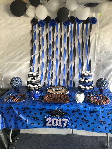 Police Colors Dessert Table Police Academy Graduation Party Food, Police Cadet Graduation Party, Police Academy Graduation Party Centerpieces, Police Promotion Party, Police Academy Graduation Party Ideas, Law Enforcement Retirement Party Ideas, Police Graduation Party Ideas, Academy Graduation Party, Police Party Decorations