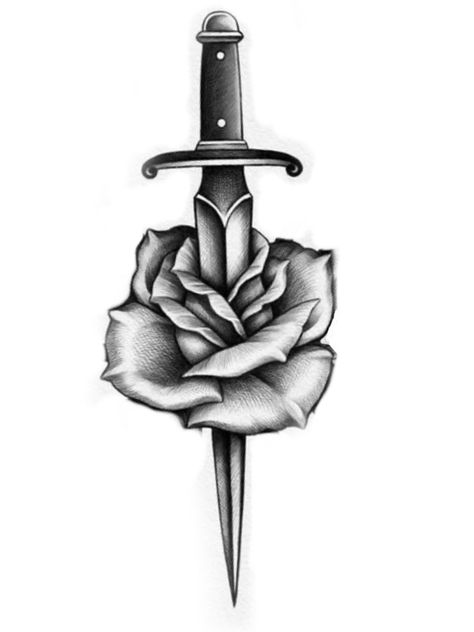 Knife And Rose Tattoo, Danny Tattoo, Rose And Dagger Tattoo, Rose Tattoo Stencil, Drawing Pics, Rose And Dagger, Gothic Tattoos, Knife Drawing, Seshomaru Y Rin