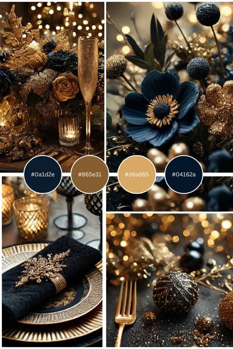 Celebrate New Year's Eve with a stylish palette in deep navy, gold, and black. Perfect for a sophisticated table setup with floral accents, elegant tableware, and candlelight reflections. #NewYearsDecor #ElegantPalette #GoldAndNavy #HolidayTable #FestiveDining #NewYearInspiration Nye Party Color Scheme, Black Gold And Royal Blue Party, Navy Gold White Color Palette, Dark Blue Wedding Table Decor, 1920s Color Scheme, Black Blue Gold Wedding, Navy Black And Gold Wedding, Blue Gold Black Color Palette, Gold And Black Color Scheme