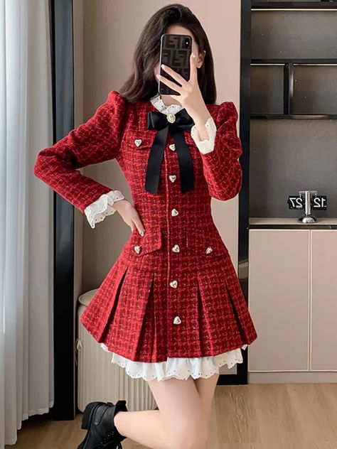 Office Setting, Kawaii Dress, Office Dress, Korean Dress, Office Dresses, Tweed Fabric, Glam Dresses, Red Mini Dress, Overall Dress