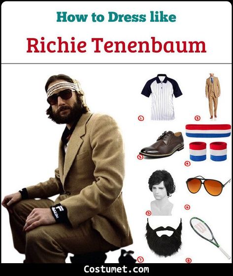 Richie Tenenbaum Costume for Cosplay & Halloween 2021 Richie Tenenbaum Costume, Richie Tenenbaum, Beard Costume, Royal Tenenbaums, The Royal Tenenbaums, Costume For Halloween, Black Oxfords, Sports Shirt, Cosplay Halloween