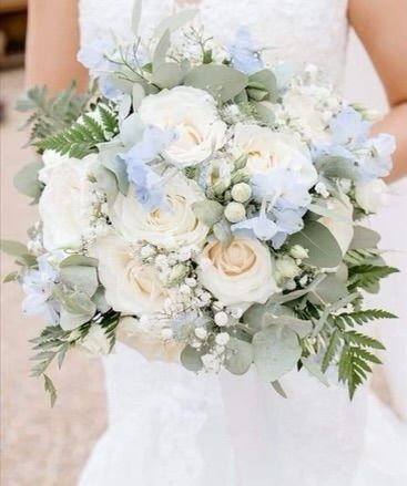 Boutineer Ideas Navy Suits, Pale Blue Wedding Bouquet, Ivory And Blue Wedding Bouquet, Bridal Bouquet With Blue Hydrangeas, Light Blue And Silver Bouquet, Light Blue Hydrangea Wedding Bouquet, Powder Blue Bouquet, Light Blue Bride Bouquet, Prom Bouquet Ideas Light Blue