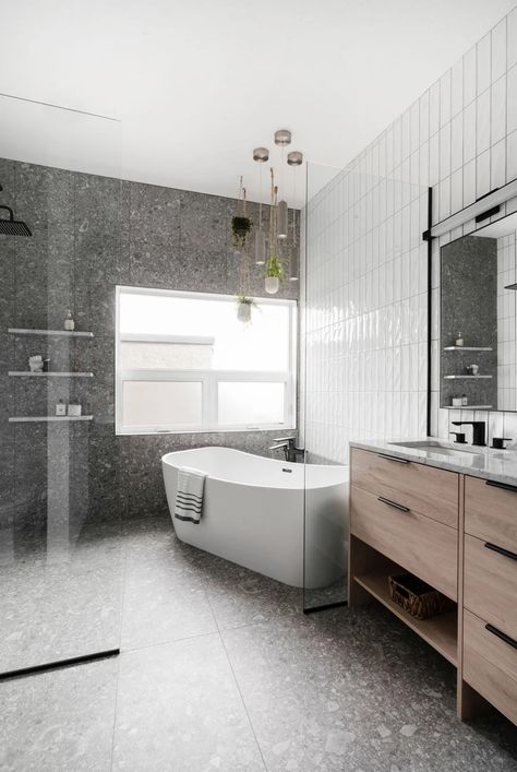 Bankview Townhouse | Bankview Townhouse Grey Terrazzo Tile, Stacked Subway Tile Bathroom, White Terrazzo Bathroom, Vertical Subway Tile Bathroom, Grey Terrazzo Bathroom, Terrazzo Bathroom Design, White Subway Tile Bathroom, Ensuite Design, Terrazzo Bathroom