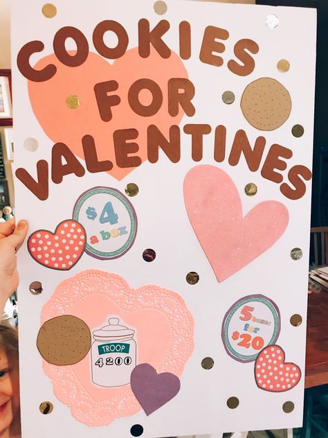 Girl Scout Cookie Booth poster. #girlscoutcookies #valentinesday #cookies Girl Scout Cookie Valentines Printable, Girl Scout Cookie Booth Posters, Girl Scout Cookie Valentines, Girl Scout Poster Ideas, Girl Scout Cookie Poster Ideas, Girlscout Brownies, Girl Scout Cookie Booth Ideas, Girl Scout Cookie Booth, Girl Scout Cookies Funny