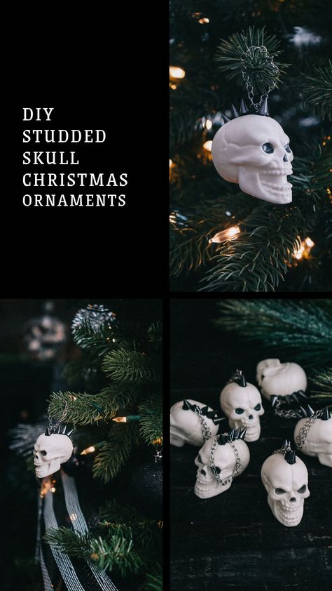 I’m so excited to share this easy DIY tutorial for Christmas! Learn how to make these chic (and a little creepy) studded skull ornaments! Diy Gothic Christmas Ornaments, Gothic Christmas Decorations Diy, Goth Christmas Tree Ideas, Diy Dark Christmas Decorations, Diy Gothic Christmas Decorations, Diy Goth Christmas Decor, Creepmas Ornaments, Spooky Christmas Decorations, Gothic Christmas Aesthetic