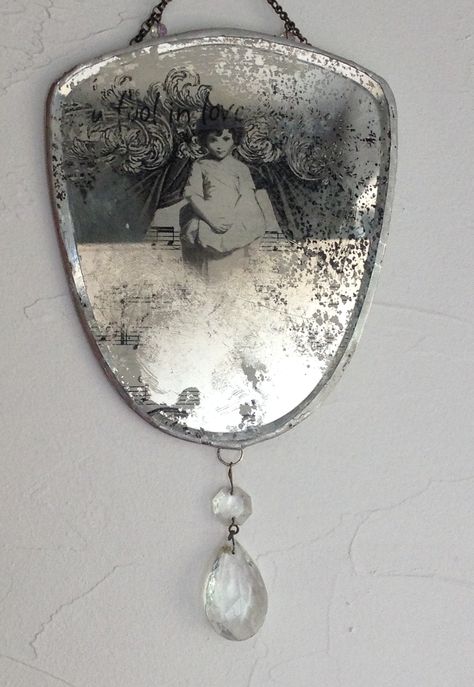 "A Fool In Love" Altered Vintage hand mirror Mirror Patina, Angel Mirror, Drinking Gourd, Antique Hand Mirror, Fool In Love, Wicked Crafts, Vintage Hand Mirror, Painted Mirror Art, Mirror Crafts