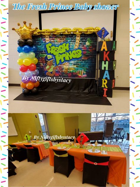 Fresh Prince 🤴 Balloon 🎈 Party Fresh Prince Birthday Party Decorations, Fresh Prince Gender Reveal, Fresh Prince Of Bel Air Party Theme, Fresh Prince Birthday Party, Fresh Prince Baby Shower Theme, Prince Party Theme, Prince Baby Shower Decorations, 1 Year Birthday Party Ideas, Hip Hop Birthday Party