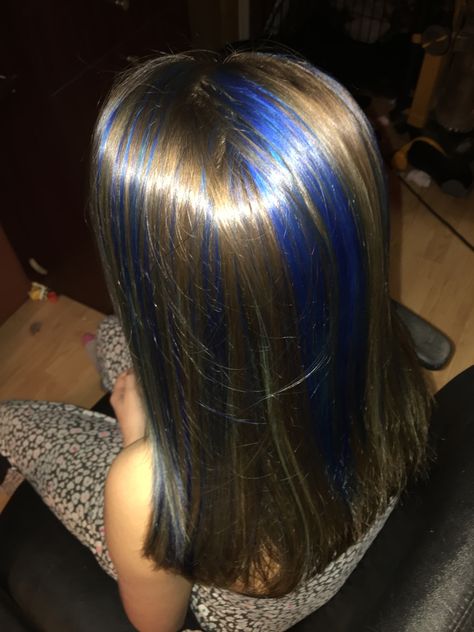 Blue highlights Blue And Dark Blonde Hair, Blue Skunk Highlights, Colored Hair Streaks Brunette, Blonde And Navy Blue Hair, Brunette And Blue Hair, Blue And Blonde Highlights, Blue Hair Dye On Brown Hair, Light Brown And Blue Hair, Blue Highlights In Light Brown Hair