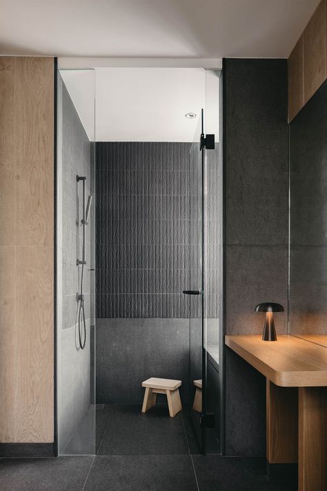 Interior Design — Monocot Apartment in Singapore - Modern Chic Minimalism — Design Anthology California Bathroom Design, Singapore Apartment, Small Lobby, Charcoal Bathroom, Singapore Interior Design, Singapore Interior, Bathroom Apartment, Dark Bathrooms, Toilet Design