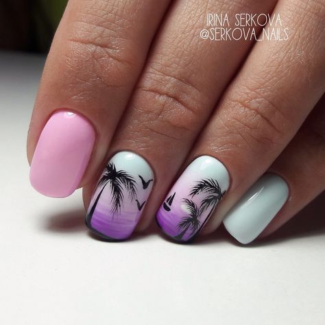 Summer Beach Nails Short, Tree Nails Designs, Summer Palm Tree Nails, Tropical Nails Design, Costa Rica Nails, Tropical Vacation Nails Simple, Nail Art Creative, Beach Nail Art Designs, Cruise Nails