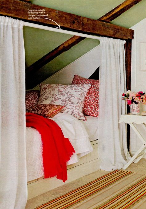 Unique idea for beds under a sloped ceiling Upstairs Bedroom Ideas Slanted Ceiling, Slanted Ceiling Bedroom Ideas, Bedroom Ideas Slanted Ceiling, Bedroom With Slanted Ceiling, Slanted Ceiling Bedroom, Sloped Ceiling Bedroom, Bed Nook, Slanted Ceiling, Attic Bedrooms