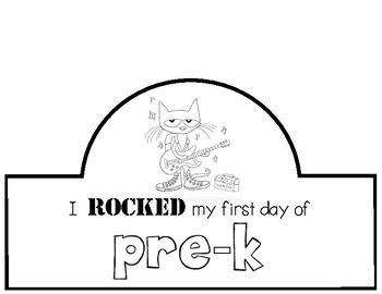 Every year we read "Pete the Cat Rocking in my School Shoes" by Eric Litwin (artwork by James Dean). I made this hat to go along with the story being read on the first day of school. I would print it on white card stock, let students color, and then attach to a sentence strip that you can fit around each child's head. Pete The Cat Rocking In My School Shoes Preschool Activities, Pete The Cat Rocking In My School Shoes Preschool Craft, Pete The Cat First Day Of Preschool, Pete The Cat First Day Of School, Pete The Cat Back To School, Pete The Cat Rocking My School Shoes Art, Pete The Cat Rocking In My School Shoes Craft, Rocking In My School Shoes Activities, Pete The Cat Rocking In My School Shoes