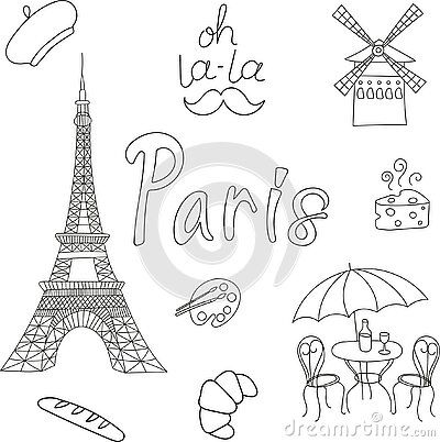 Paris Doodles Easy, Nice France Drawing, France Doodles, Paris Drawing Sketches, Croissant Doodle, Eiffel Tower Doodle, Baguette Tattoo, French Doodle, Paris Doodles