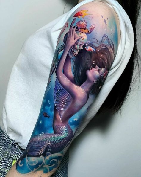 Mermaid Sleeve Tattoos, Underwater Tattoo, Siren Tattoo, Mermaid Tattoo Designs, Sea Tattoo, Biomechanical Tattoo, Ocean Tattoos, Theme Tattoo, Tatuaje A Color