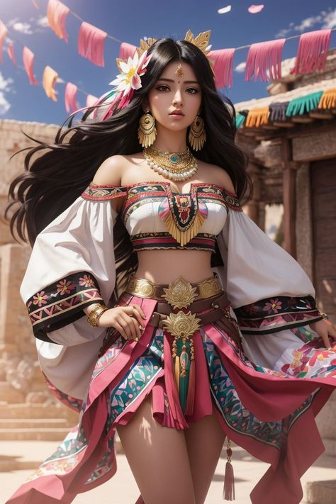 _Masterpiece_Illustrations_Detailed_Best_Quality_An Mexican Attire Women, Aztec Clothing Traditional, Main Character Outfit Ideas, Latina Character Design, Mexican Character Design, Aztec Outfit, Fantasy Dress Art, Enigmatic Woman, Traditional Mexican Clothing