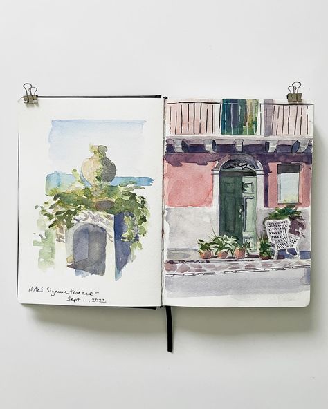 I haven’t had much time to sketch and paint lately, but here is one of my favourite sketchbook spreads from Italy. My favourite thing about my travel journals is that I can open any page and be taken back to that place and time, remembering the feeling of being in that place. It’s a completely different connection to these locations compared to looking at a photograph. Have you been travelling this summer? Tell me about the beautiful places you’ve been visiting! #summervacation #italygram... Travel Sketchbook Journal, Travel Watercolor Journal, Illustrated Travel Journal, Sketch And Paint, Watercolor Sketchbook Tour, Watercolor Travel Journal Sketchbooks, Watercolour Sketchbook, Sketchbook Spreads, Travel Watercolor