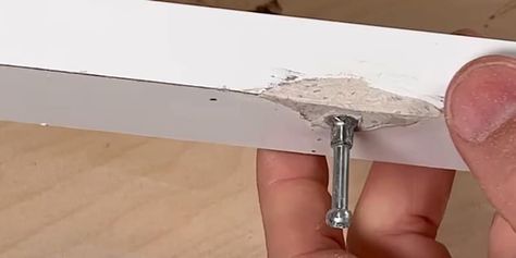 How to Fix Damaged Ikea Furniture | How to Fix Damaged Cam Screw Holes Dc Fix, Handy Dandy, Ikea Furniture, Furniture Assembly, Ikea Hacks, Ikea Hack, Particle Board, Dandy, Fix It