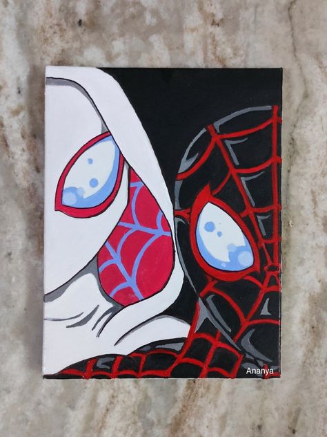 Morales And Gwen, Spiderman And Spider Gwen Painting, Spiderman Posca Art, Spider Man And Gwen Drawing, Spiderman And Spider Gwen Drawing, Poster Board Drawing Ideas, Batman And Spiderman Drawing, Gwen Stacy Painting, Spider Man Pumpkin Painting