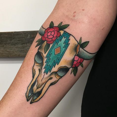 Bull Skull Tattoo | Tattoo Ideas and Inspiration Cow Skull Tattoo, Traditional Tattoo Animals, Bull Skull Tattoo, Cow Skull Tattoos, Skull Tattoo Ideas, Western Tattoo, Bull Skull Tattoos, Eyeball Tattoo, Bull Tattoos