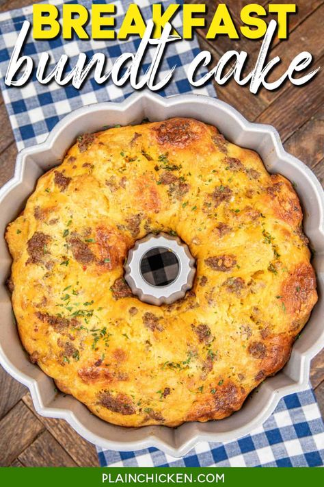 Breakfast Bundt Cake - this easy breakfast casserole recipe has quickly become a family favorite! Biscuits, sausage, tater tots, eggs, milk, dijon mustard, onion powder, garlic powder, salt, pepper, and cheddar cheese. It's super easy to make and can be customized with your favorite breakfast ingredients. This is the most delicious way to start your day! Bundt Cake Breakfast With Tator Tots, That Dude Can Cook, Breakfast Bundt, Chicken Board, Breakfast Bundt Cake, Easy Breakfast Casserole Recipes, Biscuits Casserole, Baked Breakfast, Tater Tot Breakfast