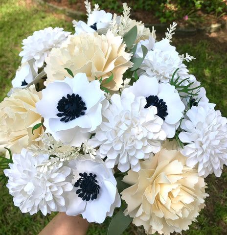 Paper Flower Arrangements, Large Bouquet, List Of Flowers, Wedding Bouquets Bride, White Anemone, Paper Bouquet, Custom Bouquet, Cymbidium Orchids, First Wedding Anniversary