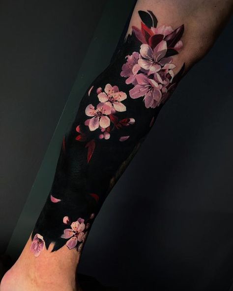 Cherry Blossoms Tattoos, Negative Space Floral Tattoo, Full Finger Tattoos For Women, Cherry Branch Tattoo, Japanese Flower Tattoos, Cover Up Tattoos Forearm, Vibrant Tattoos, Flower Shin Tattoo, Cherry Blossom Hand Tattoo